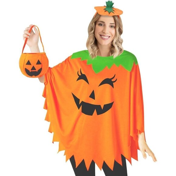 Women Orange Pumpkin Costume Halloween Poncho for Adult Costume with Accessories - Picture 1 of 6